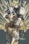  1boy armband barefoot birthmark blonde_hair bracelet chess_piece commentary dio_brando ear_birthmark english_commentary idachi jewelry joestar_birthmark jojo_no_kimyou_na_bouken male_focus nose pale_skin red_eyes sleeveless sleeveless_turtleneck solo stardust_crusaders turtleneck 