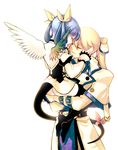  1girl asymmetrical_wings bad_id bad_pixiv_id blonde_hair blue_hair bow carrying closed_eyes couple dizzy fingerless_gloves forehead-to-forehead gloves guilty_gear hair_bow hetero highres husband_and_wife ky_kiske long_hair petite ponytail ribbon san_(winteroll) thighhighs twintails wings 