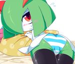  ass bed_sheet blush embarrassed female kirlia looking_at_viewer looking_back mizone panties pillow pokemon redraw solo striped striped_panties sweat thighhighs trefoil underwear 