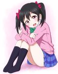  :d black_hair blue_skirt bow bowtie green_bow green_neckwear hair_bow head_tilt kneehighs long_sleeves looking_at_viewer love_live! love_live!_school_idol_project mohya open_mouth otonokizaka_school_uniform plaid plaid_skirt pleated_skirt red_bow school_uniform short_hair skirt smile solo sweater thighs twintails yazawa_nico 