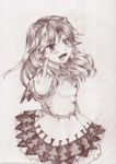  bow directional_arrow dress graphite_(medium) horns kijin_seija long_hair middle_finger monochrome multicolored_hair myouga_teien open_mouth sketch smile solo tongue tongue_out touhou traditional_media 