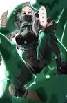  1boy 1girl bodysuit breasts cleavage cleavage_cutout face_mask goo_guy highres imminent_rape infraton irelia knee_pads large_breasts league_of_legends mask monster_boy nightblade_irelia red_eyes restrained silver_hair slime zac 