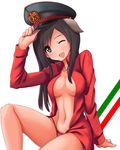  ;d a9b_(louis814) animal_ears arm_support blush bottomless breasts brown_hair collarbone collared_shirt dog_ears federica_n_doglio green_eyes hand_on_headwear hat italian_flag italy long_hair long_sleeves medium_breasts navel no_bra one_eye_closed open_clothes open_mouth open_shirt panties peaked_cap red_panties red_shirt shirt simple_background sitting smile solo underwear white_background world_witches_series 