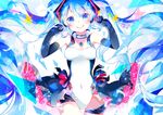  absurdres blue_eyes blue_hair covered_navel elbow_gloves floating_hair gloves goodsmile_company goodsmile_racing hatsune_miku highres leotard long_hair looking_at_viewer race_queen racing_miku racing_miku_(2011) shirayuki_towa smile solo star twintails very_long_hair vocaloid 