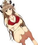  absurdres ahoge amagi_brilliant_park bare_shoulders bikini blush breast_hold breasts brown_eyes brown_hair cleavage hair_ribbon highres large_breasts legs long_hair nakajima_yuka navel o-ring_bottom o-ring_top official_art ponytail red_bikini ribbon sento_isuzu simple_background solo sweatdrop swimsuit takemoto_yasuhiro thighs white_background yellow_eyes 