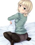  :t angry ass back bad_id bad_pixiv_id bed black_legwear blonde_hair blue_eyes blush braid darjeeling frown girls_und_panzer highres hug lace lace-trimmed_panties long_sleeves looking_at_viewer looking_back nksk no_pants panties panties_under_pantyhose pantyhose pillow pillow_grab pout ribbed_sweater short_hair sitting solo sweater thighband_pantyhose turtleneck underwear v-shaped_eyebrows wariza white_background 