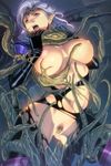  1girl areolae breasts censored elf homare_(fool&#039;s_art) homare_(fool's_art) huge_breasts long_hair navel nipples original pointy_ears pubic_hair puffy_nipples purple_eyes purple_hair pussy solo tentacle thick_thighs thighs wide_hips 