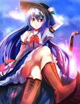  blue_hair boots food fruit hand_on_headwear hat hinanawi_tenshi hizagawa_rau long_hair peach red_eyes sash solo sword sword_of_hisou touhou very_long_hair weapon 