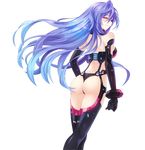  ass bare_shoulders blue_hair dominatrix elbow_gloves gloves gradient_hair highres iris_heart leotard long_hair looking_at_viewer looking_back multicolored_hair neptune_(series) purple_eyes solo strapless strapless_leotard symbol-shaped_pupils thighhighs thong_leotard transparent_background tsunako very_long_hair 