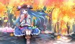  autumn autumn_leaves blue_hair bow food forest fruit hat highres hinanawi_tenshi long_hair nature peach pink_eyes puffy_short_sleeves puffy_sleeves risutaru shirt short_sleeves sitting skirt smile solo touhou wind 