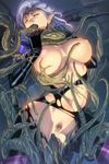  1girl areolae breasts censored elf homare_(fool&#039;s_art) homare_(fool's_art) huge_breasts long_hair navel nipples oral original pointy_ears pubic_hair puffy_nipples purple_eyes purple_hair pussy rape solo tentacle thick_thighs thighs wide_hips 
