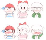  2boys angry baseball_cap blush embarrassed flying_sweatdrops glasses hat jeff_andonuts mother_(game) mother_2 multiple_boys ness paula_(mother_2) short_hair simple_background sweat theycallhimcake white_background 
