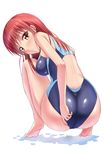  adjusting_clothes adjusting_swimsuit ass back_cutout bangs bare_arms bare_legs bare_shoulders barefoot blush competition_swimsuit eyebrows_visible_through_hair from_behind full_body highres impossible_clothes impossible_swimsuit long_hair looking_at_viewer one-piece_swimsuit original red_hair simple_background solo squatting swimsuit takuya_kame wet white_background yellow_eyes 