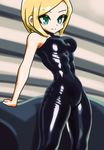  1girl blonde_hair blue_eyes breasts enkaboots latex latex_suit shiny shiny_clothes short_hair 