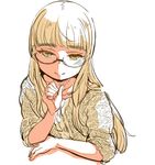  aran_sweater bangs blonde_hair blunt_bangs glasses long_hair looking_at_viewer mune perrine_h_clostermann simple_background solo strike_witches sweater white_background world_witches_series yellow_eyes 