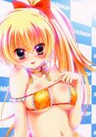  :p absurdres bikini bikini_pull blonde_hair blue_eyes blush breasts checkered checkered_background cleavage eyepatch_bikini highres ichi_rin large_breasts long_hair navel original ponytail pulled_by_self skindentation sofmap sofmap_background solo step_and_repeat swimsuit tongue tongue_out yellow_bikini 