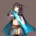  armor brown_hair cape garter_straps gloves glowing glowing_sword glowing_weapon granblue_fantasy green_eyes hair_ornament idolmaster idolmaster_cinderella_girls long_hair midriff navel sheath shibuya_rin solo sword thighhighs unsheathed weapon yashigaras 