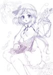  biwa_lute colored_pencil_(medium) dress flower hair_flower hair_ornament instrument long_hair lute_(instrument) monochrome musical_note myouga_teien sketch solo touhou traditional_media tsukumo_benben twintails 