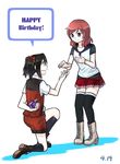  bad_id bad_pixiv_id black_hair black_legwear boots bracelet cross-laced_footwear danpaca grin happy_birthday jewelry kneehighs lace-up_boots love_live! love_live!_school_idol_project multiple_girls nishikino_maki one_knee pleated_skirt profile purple_eyes red_hair shorts skirt smile thighhighs twintails yazawa_nico 