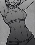  alternate_hair_length alternate_hairstyle armpits avatar_(series) breasts close-up groin halter_top halterneck head_out_of_frame iahfy korra medium_breasts monochrome navel panties short_hair smile solo sports_bra stomach the_legend_of_korra toned underwear 