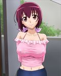  1girl absurdres arms_behind_back bare_shoulders breasts collarbone hair_ribbon happy highres hoshizora_ikuyo large_breasts long_hair looking_at_viewer midriff milf navel nipples no_bra ponytail precure purple_eyes purple_hair ribbon shirt skirt smile smile_precure! solo standing t-aoba taut_clothes taut_shirt 