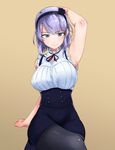  arm_up armpits black_legwear blue_eyes breasts dagashi_kashi dress hairband high-waist_skirt large_breasts looking_at_viewer pantyhose purple_hair ribbon sagara1990 shidare_hotaru short_hair simple_background skirt sleeveless sleeveless_dress smile solo 