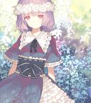  adapted_costume bug butterfly dress floral_print flower_wreath head_wreath hillly_(maiwetea) insect petticoat pink_eyes pink_hair purple_dress saigyouji_yuyuko sash short_sleeves side_slit sketch smile solo touhou 