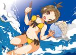  bikini brown_eyes brown_hair chopsticks highres jirou_(ramen) original short_hair swimsuit wa_nami 