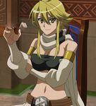  1girl akame_ga_kill! blonde_hair breasts highres large_breasts leone long_hair smile solo stitched yellow_eyes 