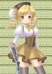  beret blonde_hair corset drill_hair hat hizaki_tomoko mahou_shoujo_madoka_magica solo striped striped_legwear thighhighs tomoe_mami vertical-striped_legwear vertical_stripes weapon yellow_eyes zettai_ryouiki 