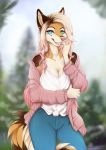  2018 anthro blonde_hair blurred_background canine clothed clothing day detailed_background female gradie hair heterochromia lycangel mammal outside solo standing wolf 