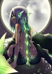  absurdres adunba_rell aqua_hair breasts from_behind full_moon gills glowing glowing_eye green_eyes head_fins highres long_hair looking_at_viewer medium_breasts mermaid monster_girl moon nude original scales sideboob signature sitting solo water wet 