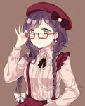  bad_id bad_twitter_id beret braid breasts glasses green_eyes hair_over_shoulder hand_on_eyewear hat hat_ribbon jewelry long_hair long_sleeves looking_at_viewer love_live! love_live!_school_idol_project medium_breasts necklace nerunnn pearl_necklace purple_background purple_hair red-framed_eyewear ribbon simple_background smile solo suspenders toujou_nozomi twin_braids twintails upper_body 