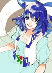  aguruma_(yukisita03) blue_eyes blue_hair character_name dress flower hair_ornament hair_rings hair_stick kaku_seiga looking_at_viewer open_mouth shawl short_hair smile solo touhou vest 