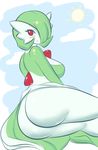  1girl ass blush breasts gardevoir green_hair huge_ass jcdr large_breasts nougat_(jcdr) pokemon red_eyes solo sun thick_thighs thighs 