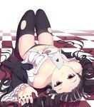  absurdres black_hair black_panties bonnet breasts card celestia_ludenberck checkered checkered_floor danganronpa danganronpa_1 drill_hair foxbird highres long_hair looking_at_viewer lying mouth_hold nail_polish navel no_bra on_back panties red_eyes small_breasts solo thighhighs torn_clothes torn_legwear twin_drills underwear upside-down 