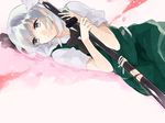  aguruma_(yukisita03) black_hairband blue_eyes cherry_blossoms hairband katana konpaku_youmu lying on_side petals ribbon short_hair silver_hair smile solo sword touhou weapon 