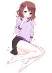  barefoot blush brown_eyes brown_hair finger_to_mouth hanayamata looking_at_viewer mole mole_under_eye short_hair sitting skirt solo tarabagani tokiwa_sari yokozuwari 