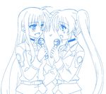  2girls blush couple eye_contact fate_testarossa kohakura long_hair looking_at_another lyrical_nanoha mahou_senki_lyrical_nanoha_force mahou_shoujo_lyrical_nanoha mahou_shoujo_lyrical_nanoha_strikers mahou_shoujo_lyrical_nanoha_vivid microphone military military_uniform multiple_girls ponytail singing smile takamachi_nanoha uniform very_long_hair yuri 