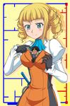  1girl between_breasts black_gloves black_hair blonde_hair blue_eyes blush_stickers breasts brown_eyes cravat dark_skin drill_hair flying_sweatdrops gloves gundam gundam_build_fighters hairlocs hanzou miniboy necktie nils_nielsen open_mouth person_between_breasts puffy_sleeves quad_drills shadow whip yajima_caroline 