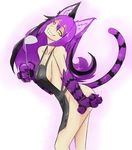  1girl animal_ears apron ass black_hair blush breasts cheshire_cat cheshire_cat_(mamono_girl_lover) cheshire_cat_(monster_girl_encyclopedia) claws fur head_tilt highres ladle long_hair mamono_girl_lover medium_breasts monster_girl monster_girl_encyclopedia multicolored_hair naked_apron nude p01ntless paws purple_hair smile tail yellow_eyes 