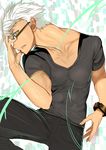  archer char commentary_request dark_skin dark_skinned_male fate/extra fate_(series) glasses looking_at_viewer male_focus silver_hair solo white_hair yellow_eyes 