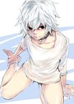  androgynous barefoot black_eyes choker from_above hospital_gown male_focus shiromi_(ringo) solo suzuya_juuzou tokyo_ghoul white_hair younger 