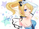  ayase_eli bare_back bare_shoulders blonde_hair blue_eyes bow character_name elbow_gloves gloves hair_bow long_hair looking_back love_live! love_live!_school_idol_project one_eye_closed pinstripe_pattern ponytail ribbon solo sparkle speech_bubble spoken_sparkle star striped vertical_stripes yuuki_(yukinko-02727) 