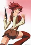  ass bare_shoulders belt blue_eyes breasts code_geass copyright_name detached_sleeves fukano_youichi gaiters gun hair_ornament headband kallen_stadtfeld large_breasts legs long_sleeves official_art pose red_hair short_hair shorts solo thighhigh_gaiters thighhighs turtleneck weapon 