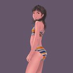  ass bikini black_hair breasts brown_eyes from_behind gekkou_(geccomajin) looking_at_viewer looking_back multicolored multicolored_stripes original short_hair simple_background small_breasts solo striped striped_bikini swimsuit tears 