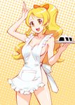  apron blonde_hair bow breasts brown_eyes clover clover_earrings cure_honey earrings food four-leaf_clover hair_bow happinesscharge_precure! jewelry large_breasts long_hair naked_apron onigiri oomori_yuuko precure sideboob smile solo tray ueyama_michirou 