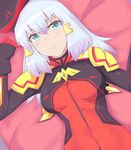  annoyed aqua_eyes armor bad_id bad_pixiv_id bangs bed_sheet blush bodysuit breasts brooch covered_navel crop_top dutch_angle from_above gloves gundam gundam_exa gundam_extreme_vs._maxi_boost hair_between_eyes hair_ornament hairclip hat highres indoors jewelry kuro_mushi large_breasts long_hair looking_at_viewer lying on_back on_bed open_clothes pauldrons pilot_suit silver_hair solo sthesia_awar_acht turtleneck upper_body 