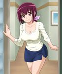  1girl absurdres breasts cleavage collarbone hair_ribbon highres hoshizora_ikuyo large_breasts legs long_hair looking_at_viewer milf ponytail precure purple_eyes purple_hair ribbon skirt smile_precure! solo standing t-aoba thighs 