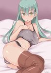  aqua_hair ass bare_shoulders blush bra breasts brown_legwear green_eyes hair_ornament hairclip kantai_collection large_breasts long_hair looking_at_viewer lying navel on_side open_mouth panties signature solo sports_bra suzuya_(kantai_collection) taut_clothes thighhighs underwear underwear_only wa_(genryusui) 